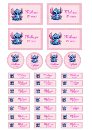 Etiquetas Escolares Stitch Rosa para Editar e Imprimir