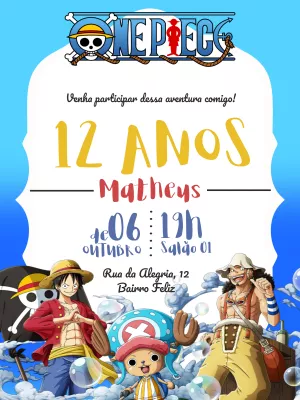 Convite de Aniversário One Piece com Personagens para Editar Online