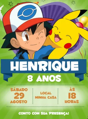Convite de Aniversário Pokémon com Personagens para Editar