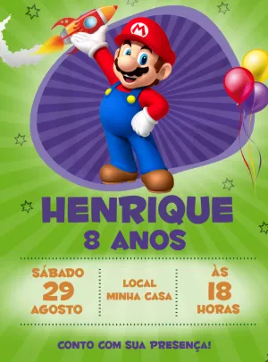 Convite de Aniversário Super Mario para Editar Online