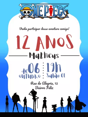 Convite de Aniversário One Piece com Personagens para Editar