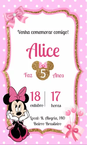 Convite Aniversário Minnie Rosa e Dourado para Editar Online
