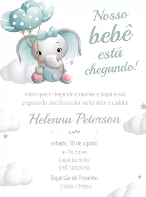 Convite Chá de Bebê Elefantinha Aquarela para Editar Online