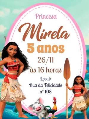 Convite de Aniversário Princesa Moana para Editar Online
