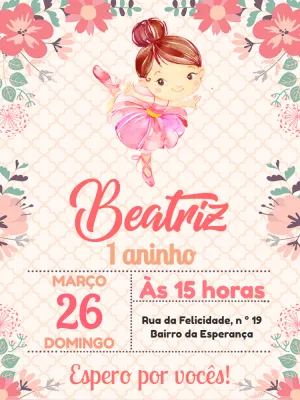 Convite de Aniversário Bailarina Delicada para Editar Online