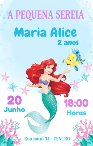 Convite Aniversário Pequena Sereia Ariel para Editar Online