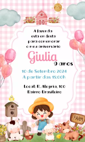 Convite Aniversário Fazendinha Rosa para Editar Online