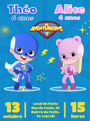 Convite Aniversário Duplo Aventureiros Heróis para Editar Online