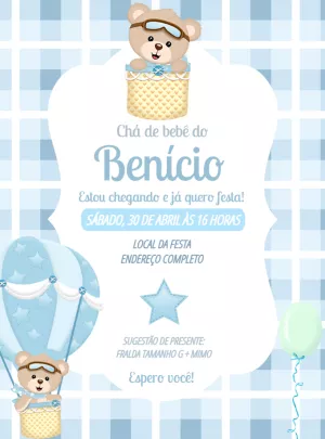 Convite Chá de Bebê Ursinho Baloeiro para Editar Online