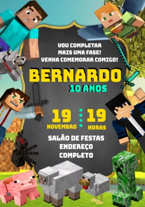 Convite de Aniversário Minecraft com Personagens para Editar