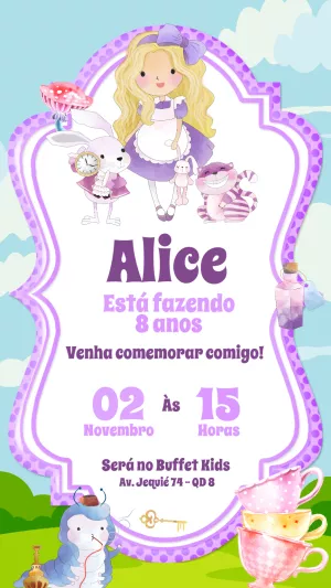 Convite Aniversário Alice no País das Maravilhas para Editar