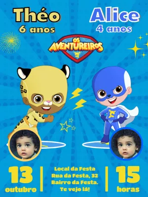 Convite Aniversário Duplo Aventureiros com Foto para Editar