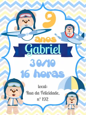 Convite de Aniversário Ursinho Aviador para Editar Online