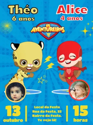 Convite Aniversário Duplo Aventureiros com Foto para Editar