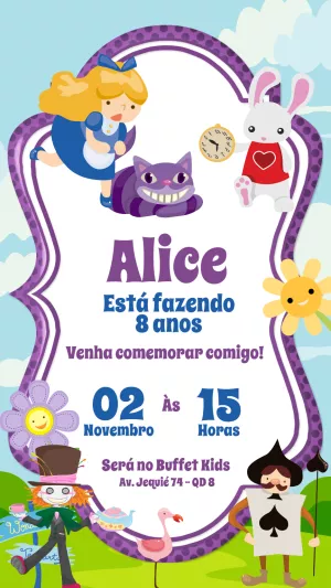 Convite Aniversário Alice no País das Maravilhas para Editar