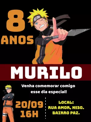 Convite de Aniversário Naruto para Editar e Imprimir