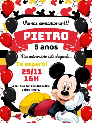 Convite de Aniversário Mickey Mouse Clássico para Editar Online