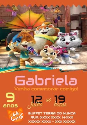 Convite de Aniversário 44 Gatos para Editar Online e Imprimir