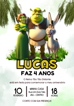 Convite de Aniversário Shrek com Personagens para Editar Online
