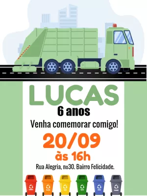 Convite Aniversário Gari com Caminhão de Lixo para Editar Online
