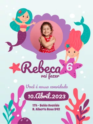 Convite de Aniversário Sereia com Foto para Editar Online