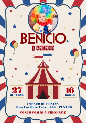 Convite Aniversário Circo Vintage com Foto para Editar Online