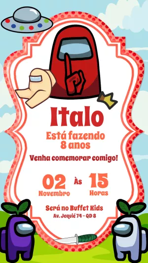 Convite de Aniversário Among Us com Personagens para Editar