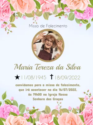Convite Missa de Falecimento Floral com Foto para Editar Online