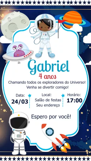 Convite Aniversário Astronauta Infantil para Editar Online