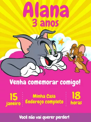 Convite de Aniversário Tom e Jerry para Editar Online