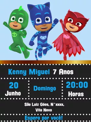 Convite de Aniversário PJ Masks Editável Online
