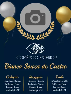Convite de Formatura Comércio Exterior com Foto para Editar Online