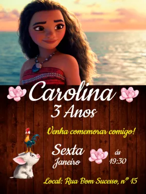 Convite de Aniversário Moana com Personagens para Editar Online
