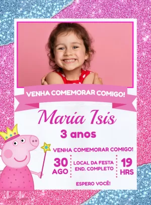 Convite Aniversário Peppa Pig com Foto para Editar Online
