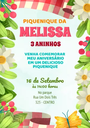 Convite Aniversário Piquenique Ilustrado para Editar Online