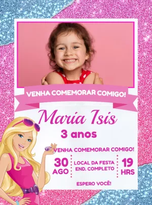 Convite Aniversário Barbie com Foto para Editar Online