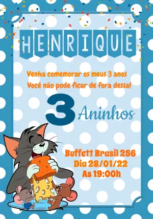 Convite de Aniversário Tom e Jerry para Editar Online
