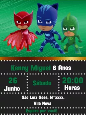 Convite de Aniversário PJ Masks para Editar Online e Imprimir