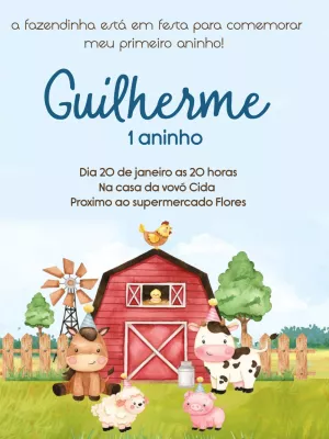 Convite Aniversário Fazendinha com Animais para Editar Online