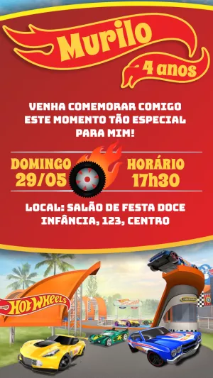 Convite de Aniversário Hot Wheels para Editar Online