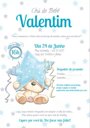 Convite Chá de Bebê Ursinho com Estrela para Editar Online