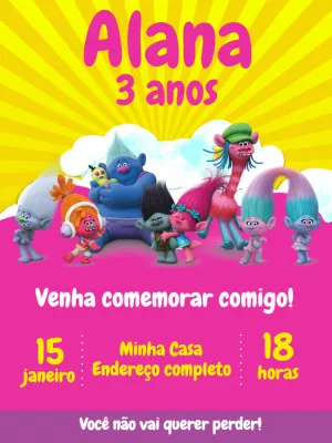 Convite Trolls Editável Online para Festa de Aniversário
