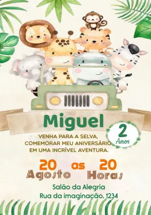 Convite de Aniversário Safari com Animais para Editar Online