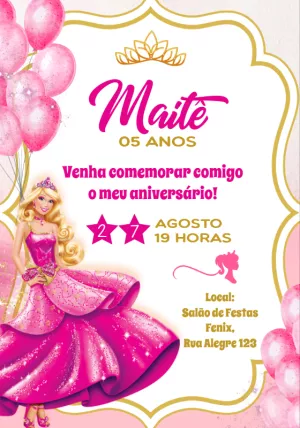 Convite de Aniversário Barbie Princesa para Editar Online