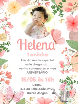 Convite Aniversário Jardim Encantado com Foto para Editar