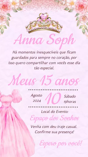 Convite 15 Anos Princesa Rosa e Dourado para Editar Online