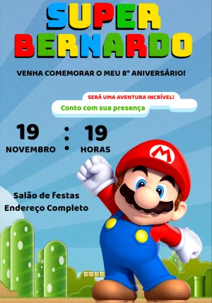 Convite de Aniversário Super Mario Editável para Imprimir