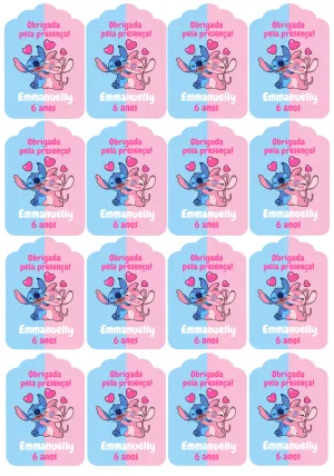 Tag de Agradecimento Aniversário Stitch e Angel para Editar