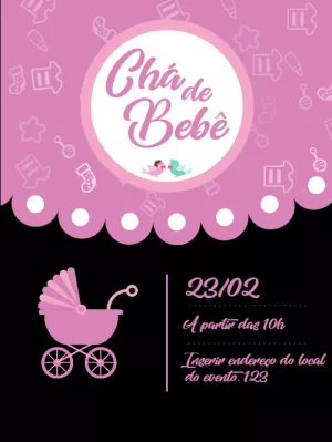 Convite Chá de Bebê Menina Rosa e Preto para Editar Online