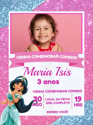 Convite Aniversário Jasmine com Foto para Editar Online